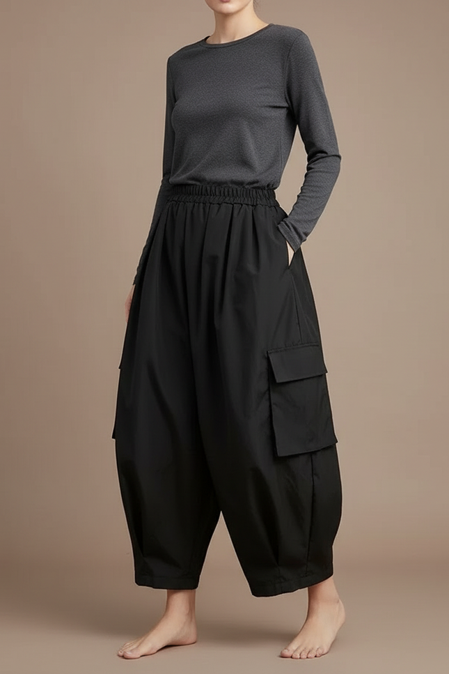 Pantalon Cargo Noir Fluide Ample Taille Haute Femme - Polyester