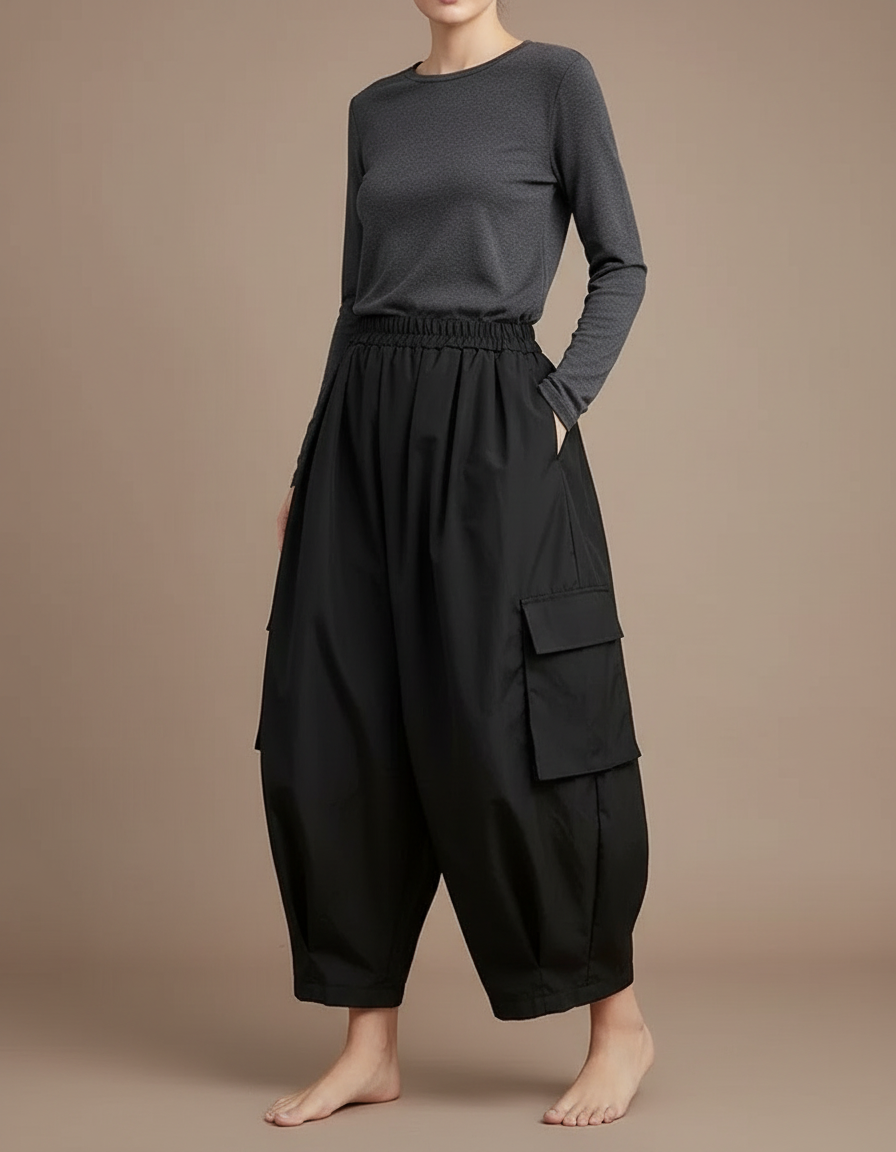 Pantalon Cargo Noir Fluide Ample Taille Haute Femme - Polyester
