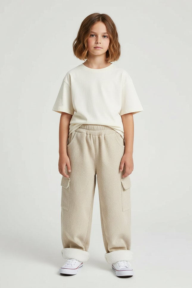 Pantalon Cargo Beige Côtelé Ample Enfant Doublé Polaire - Cordé