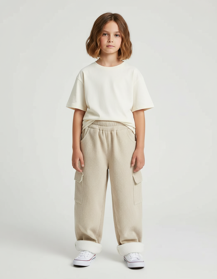 Pantalon Cargo Beige Côtelé Ample Enfant Doublé Polaire - Cordé