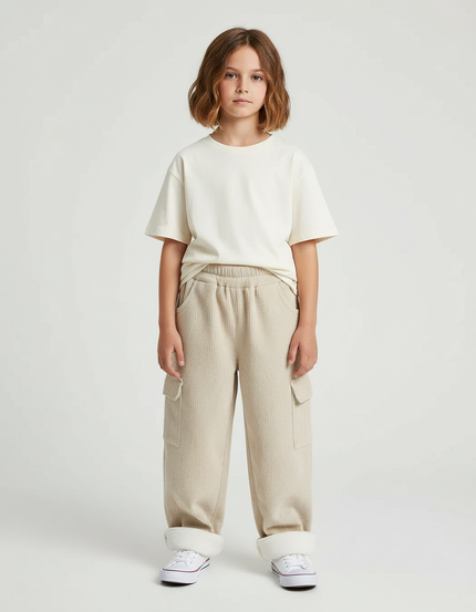 Pantalon Cargo Beige Côtelé Ample Enfant Doublé Polaire - Cordé