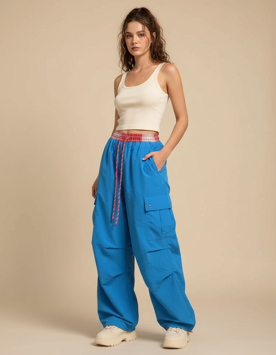 Pantalon Cargo Bleu Ample Parachute Femme - Polyester
