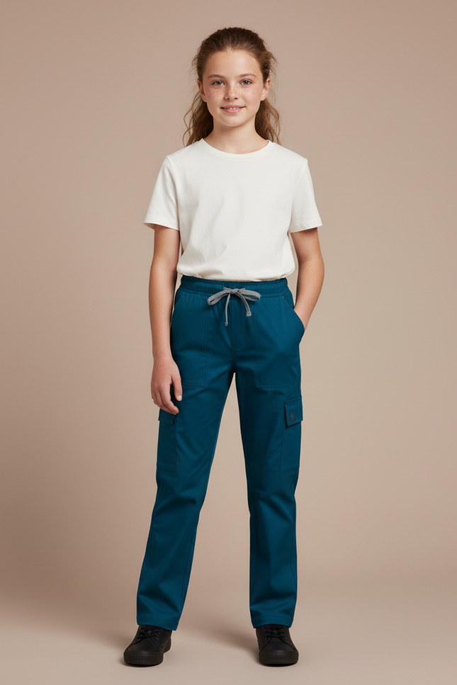 Pantalon Cargo Bleu Canard Cordon Droit Enfant - Toile
