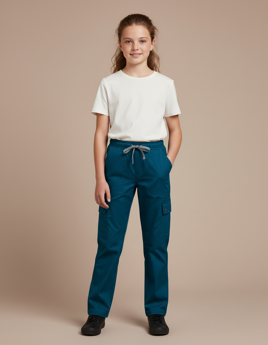 Pantalon Cargo Bleu Canard Cordon Droit Enfant - Toile