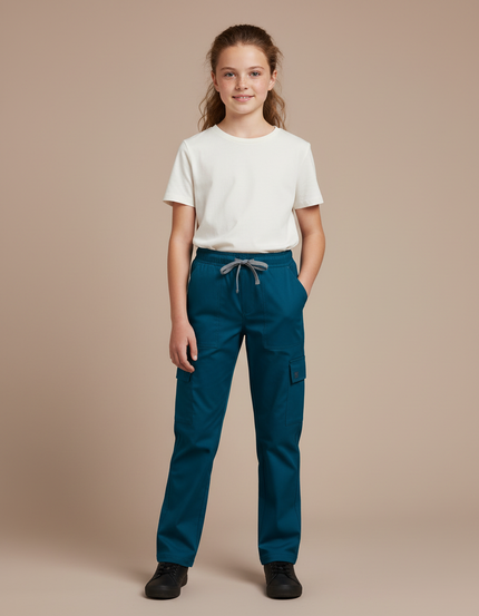 Pantalon Cargo Bleu Canard Cordon Droit Enfant - Toile