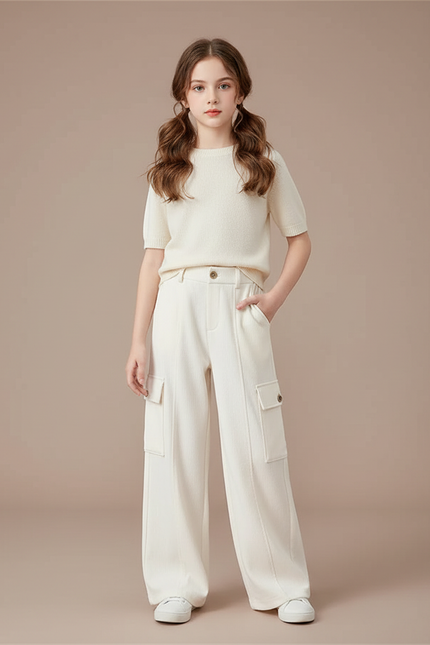 Pantalon Cargo Crème Ample Côtelé Enfant - Beige Cordé