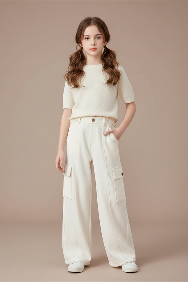 Pantalon Cargo Crème Ample Côtelé Enfant - Beige Cordé