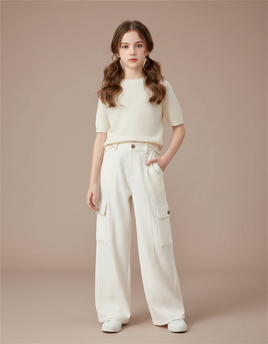 Pantalon Cargo Crème Ample Côtelé Enfant - Beige Cordé