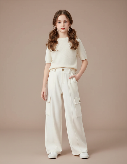 Pantalon Cargo Crème Ample Côtelé Enfant - Beige Cordé