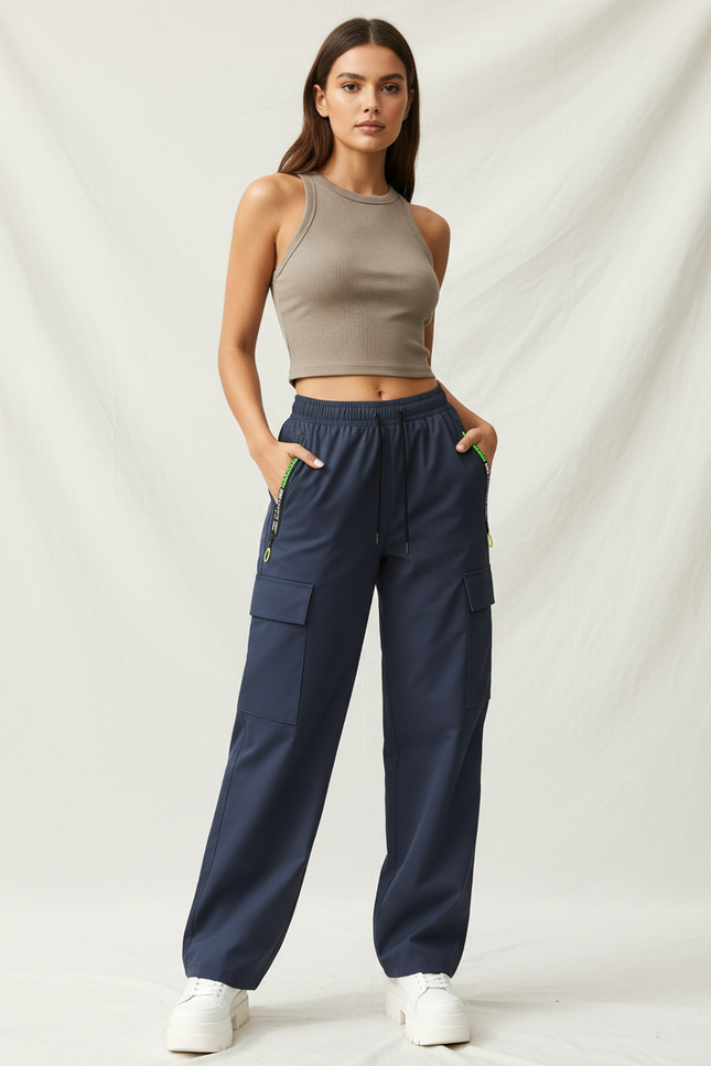 Pantalon Cargo Bleu Marine Ample Décontracté Multipoches Femme - Polyester