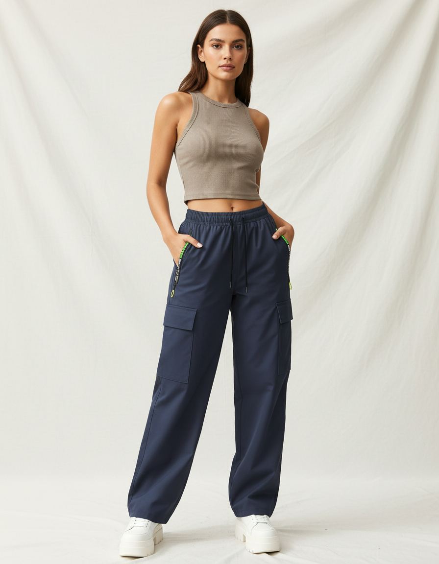 Pantalon Cargo Bleu Marine Ample Décontracté Multipoches Femme - Polyester