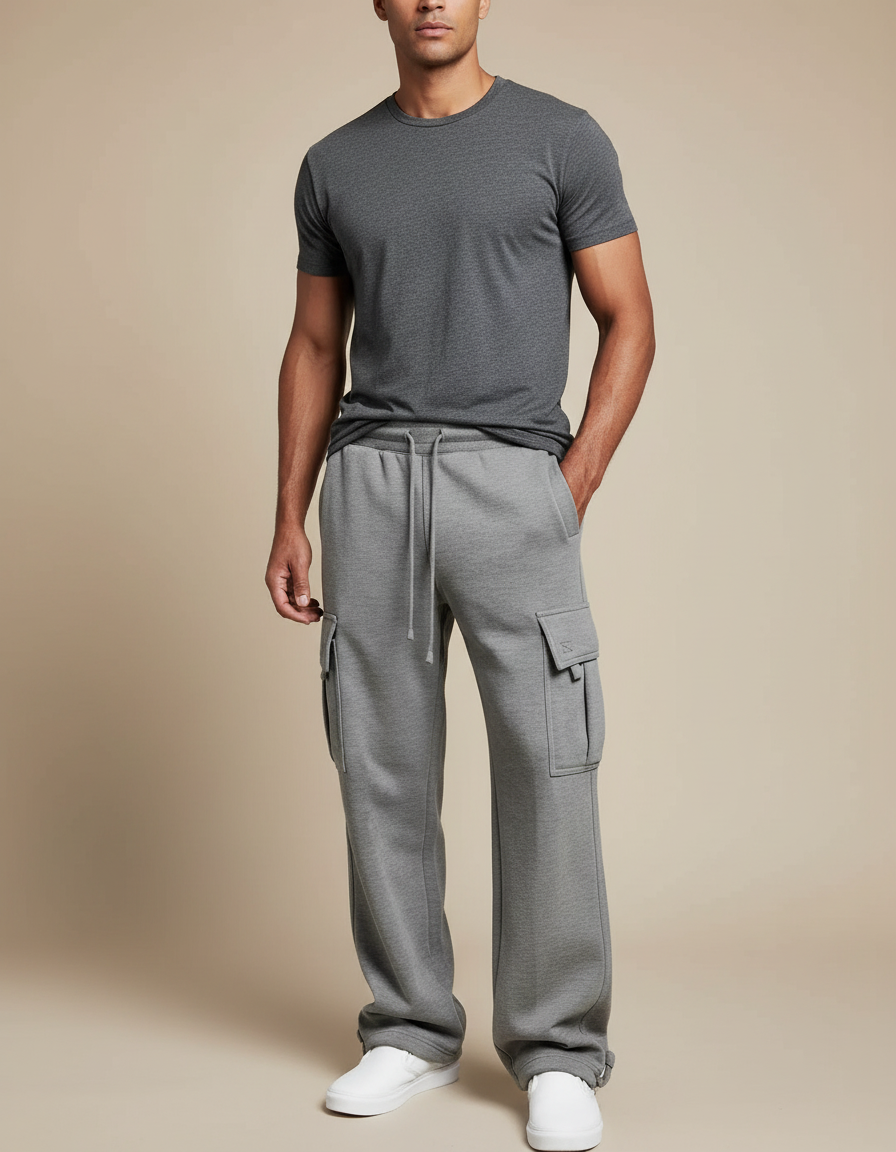 Pantalon Cargo Gris Ample Molletonné Homme Sport