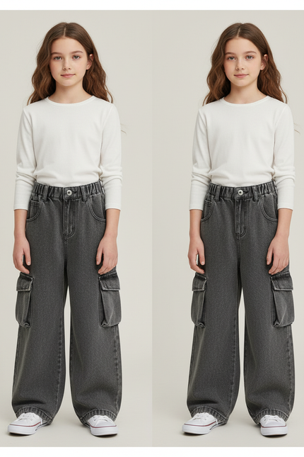 Pantalon Cargo Ample Gris Denim Multipoches Enfant - Jean