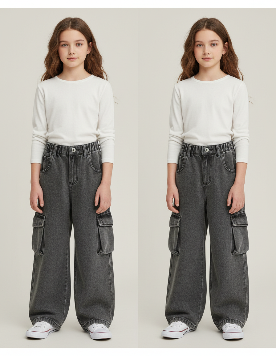 Pantalon Cargo Ample Gris Denim Multipoches Enfant - Jean