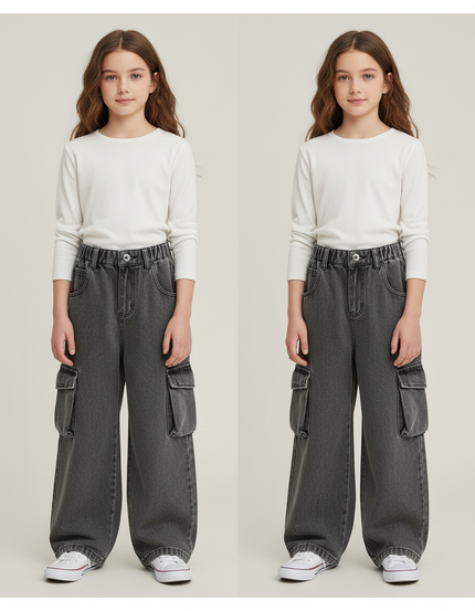 Pantalon Cargo Ample Gris Denim Multipoches Enfant - Jean