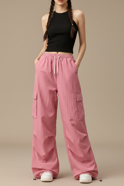 Pantalon Cargo Rose Ample Taille Haute Streetwear Femme - Polyester