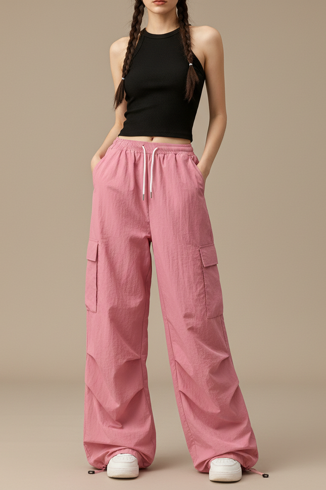 Pantalon Cargo Rose Ample Taille Haute Streetwear Femme - Polyester