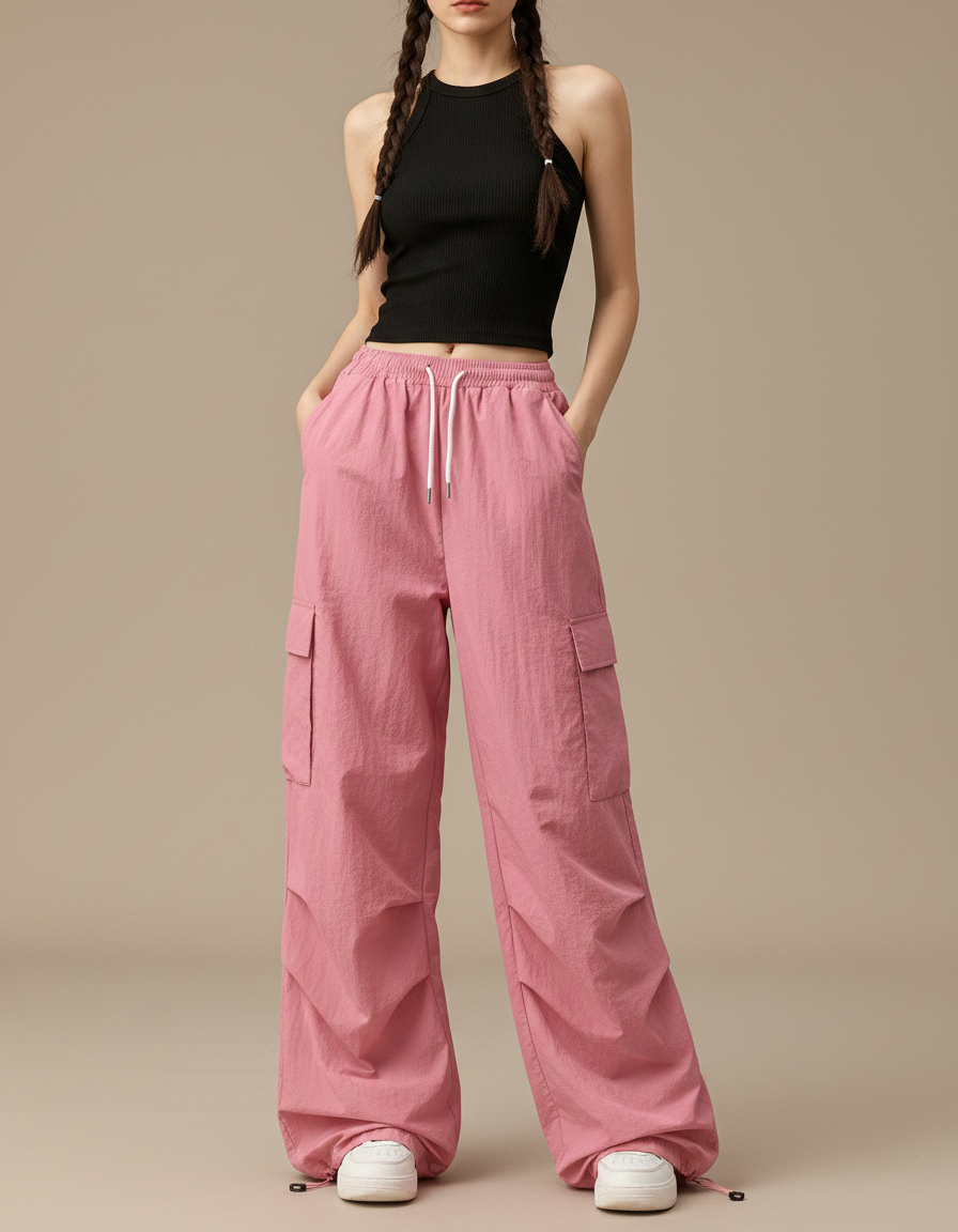 Pantalon Cargo Rose Ample Taille Haute Streetwear Femme - Polyester