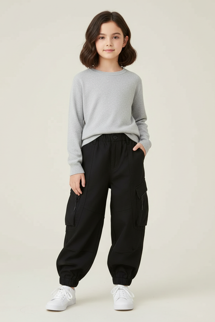 Pantalon Cargo Noir Ample Multipoches Enfant Doux - Gabardine