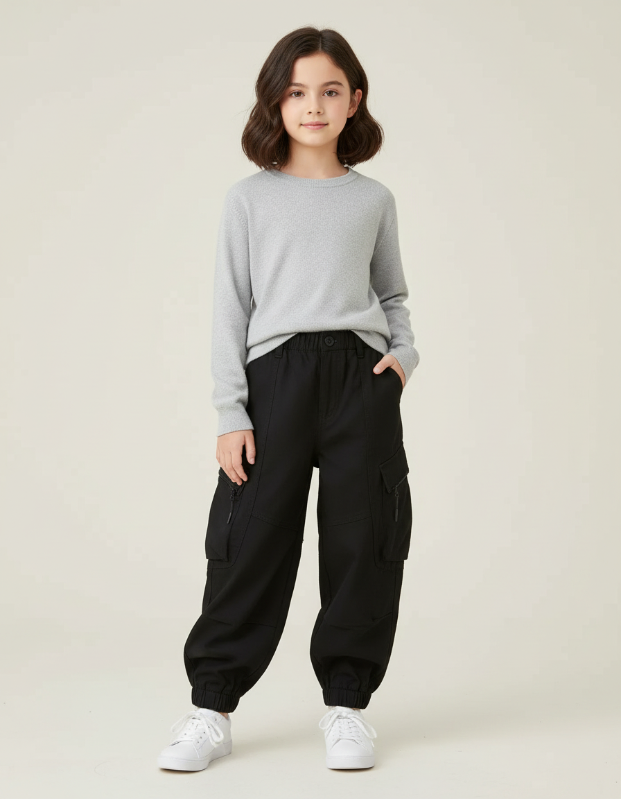 Pantalon Cargo Noir Ample Multipoches Enfant Doux - Gabardine