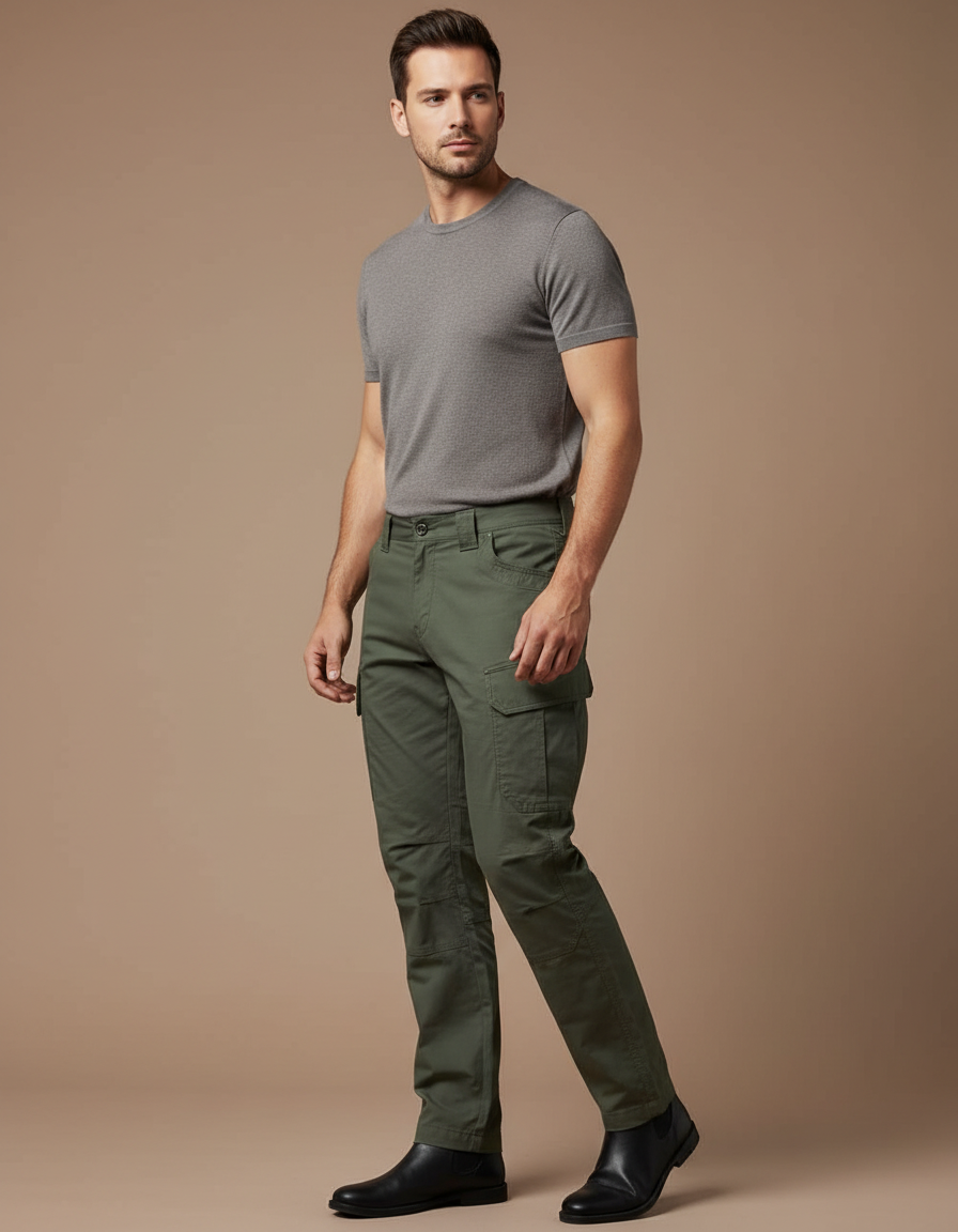 Pantalon Cargo Vert Militaire Homme Coton Multipoches