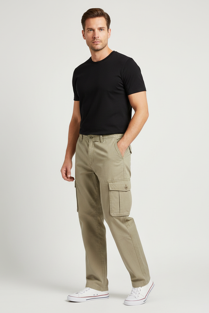 Pantalon Cargo Kaki Coton Ample Multipoches Homme - Toile