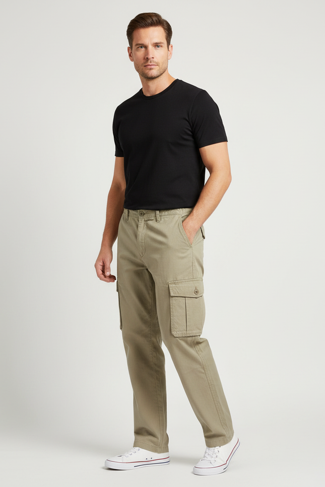 Pantalon Cargo Kaki Coton Ample Multipoches Homme - Toile