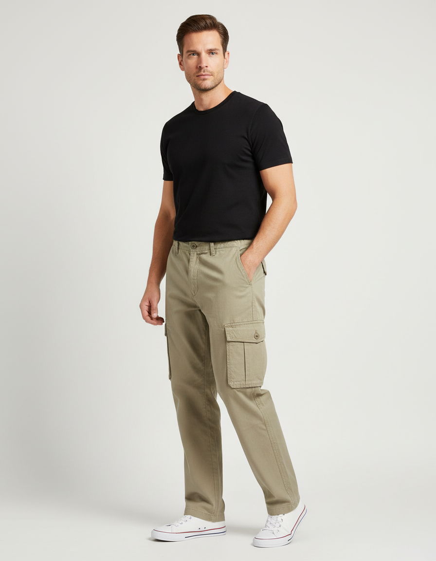 Pantalon Cargo Kaki Coton Ample Multipoches Homme - Toile