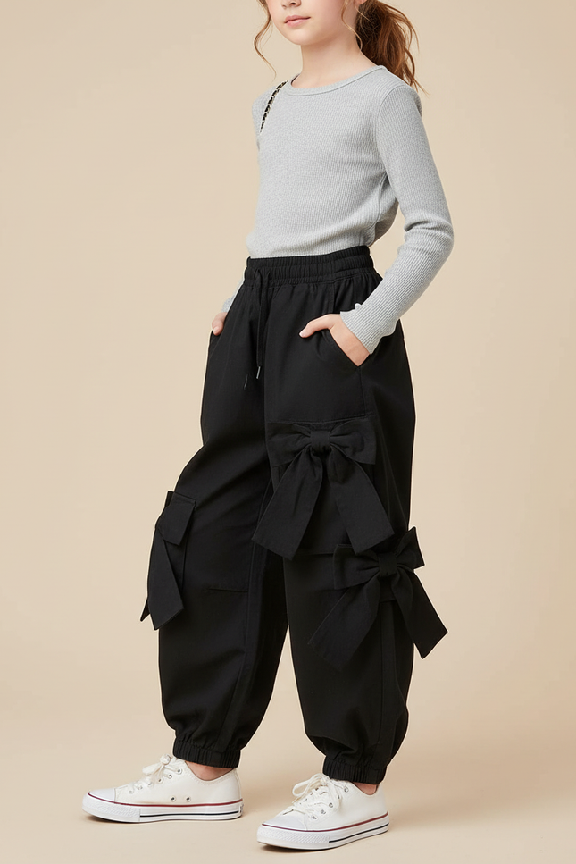Pantalon Cargo Noir Ample Nœuds Fille - Toile