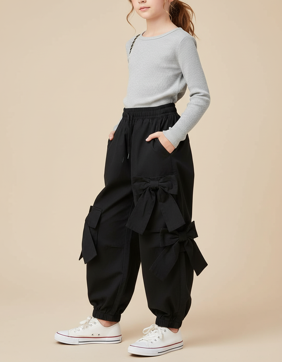 Pantalon Cargo Noir Ample Nœuds Fille - Toile