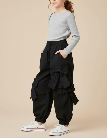 Pantalon Cargo Noir Ample Nœuds Fille - Toile