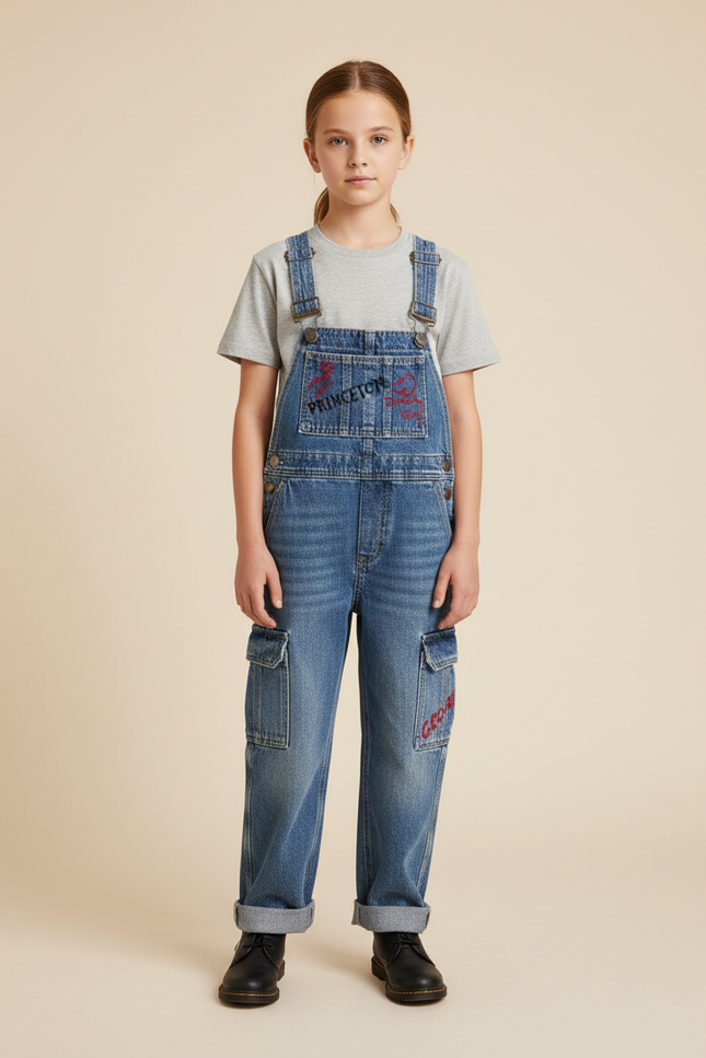 Pantalon Cargo Jean Denim Bretelles Enfant Brodé - Bleu