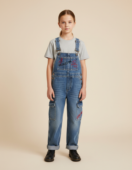 Pantalon Cargo Jean Denim Bretelles Enfant Brodé - Bleu