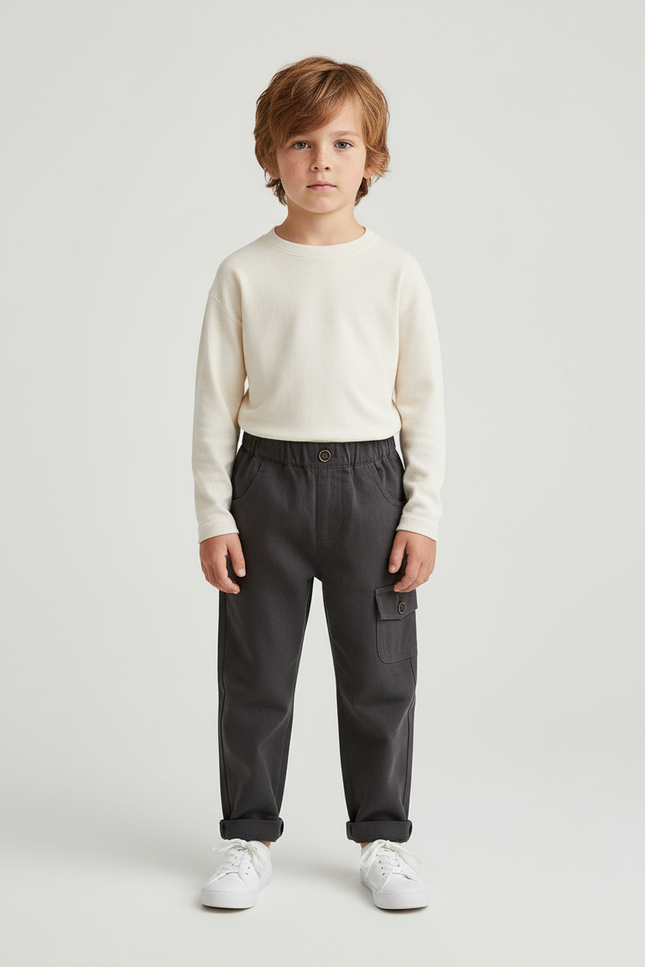Pantalon Cargo Gris Ample Décontracté Enfant - Toile