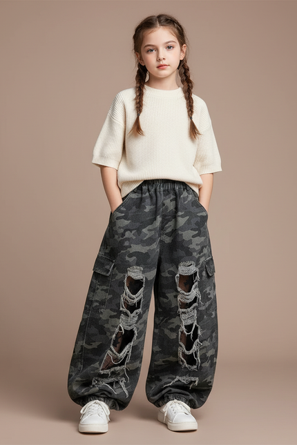 Pantalon Cargo Camouflage Ample Déchiré Enfant - Imprimé Jean