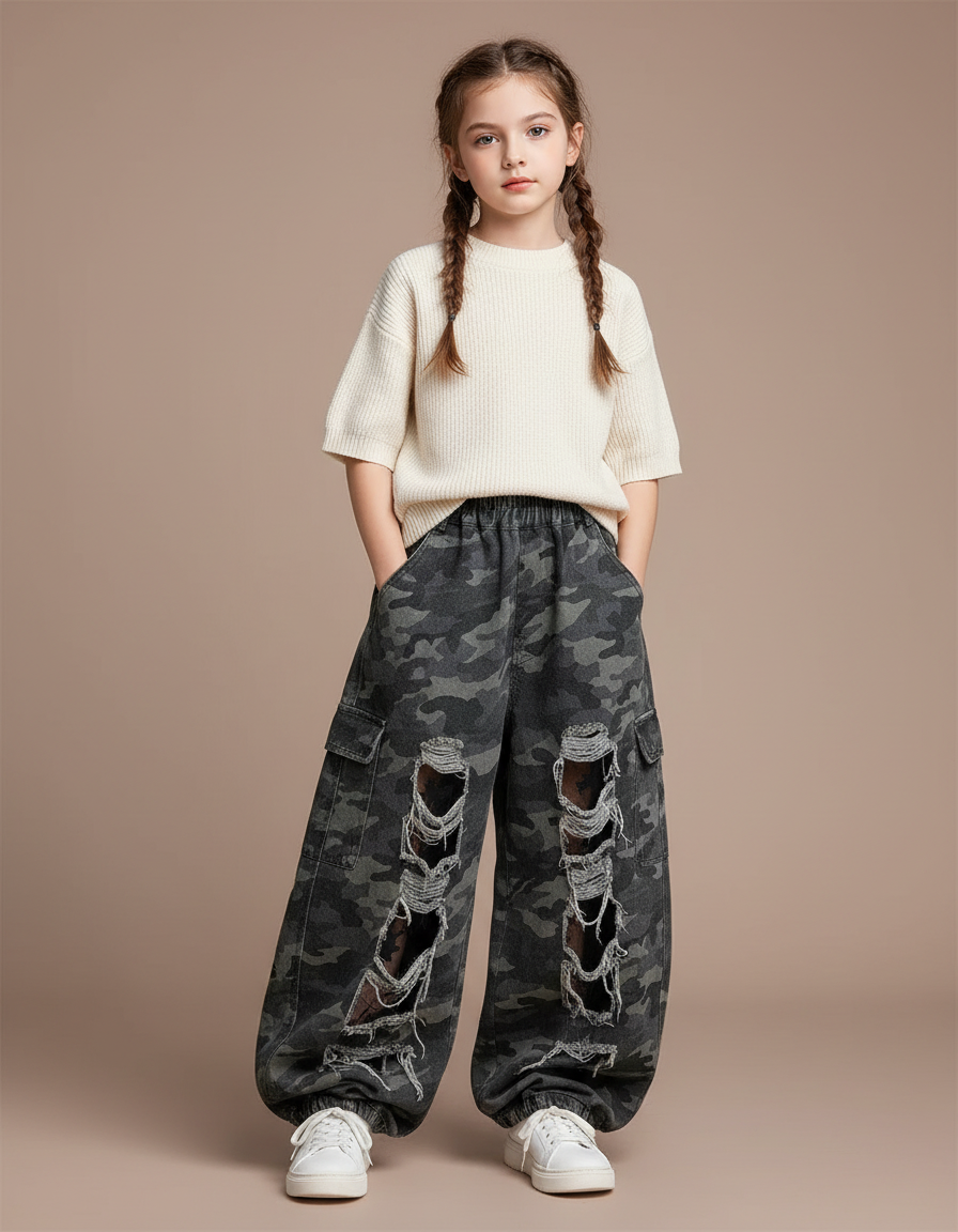 Pantalon Cargo Camouflage Ample Déchiré Enfant - Imprimé Jean