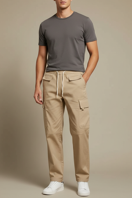 Pantalon Cargo Beige Cordon Coton Ample Homme - Gabardine