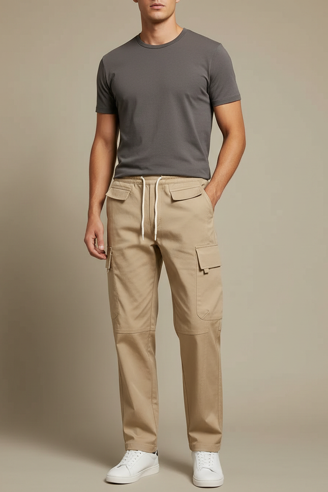 Pantalon Cargo Beige Cordon Coton Ample Homme - Gabardine