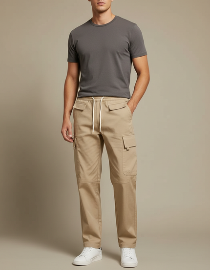 Pantalon Cargo Beige Cordon Coton Ample Homme - Gabardine