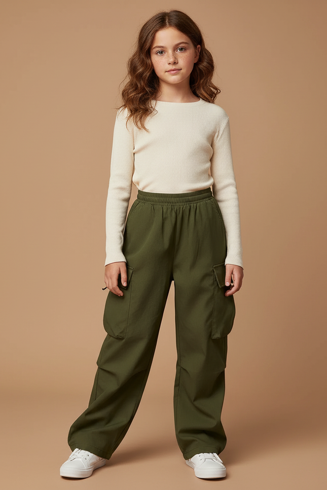 Pantalon Cargo Vert Ample Taille Élastique Fille - Kaki Gabardine