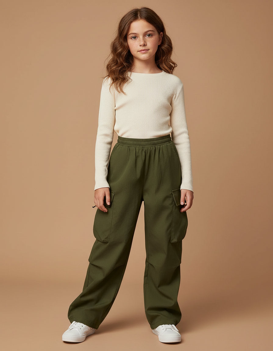 Pantalon Cargo Vert Ample Taille Élastique Fille - Kaki Gabardine