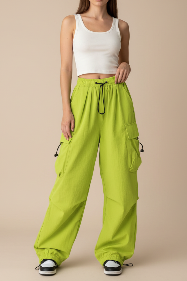 Pantalon Cargo Vert Ample Multi-Poches Streetwear Femme - Polyester