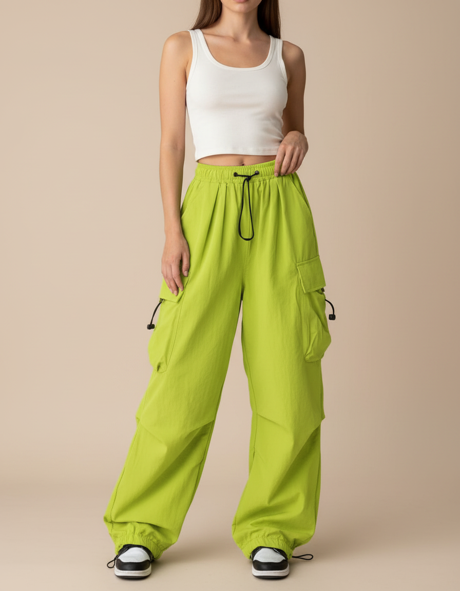 Pantalon Cargo Vert Ample Multi-Poches Streetwear Femme - Polyester