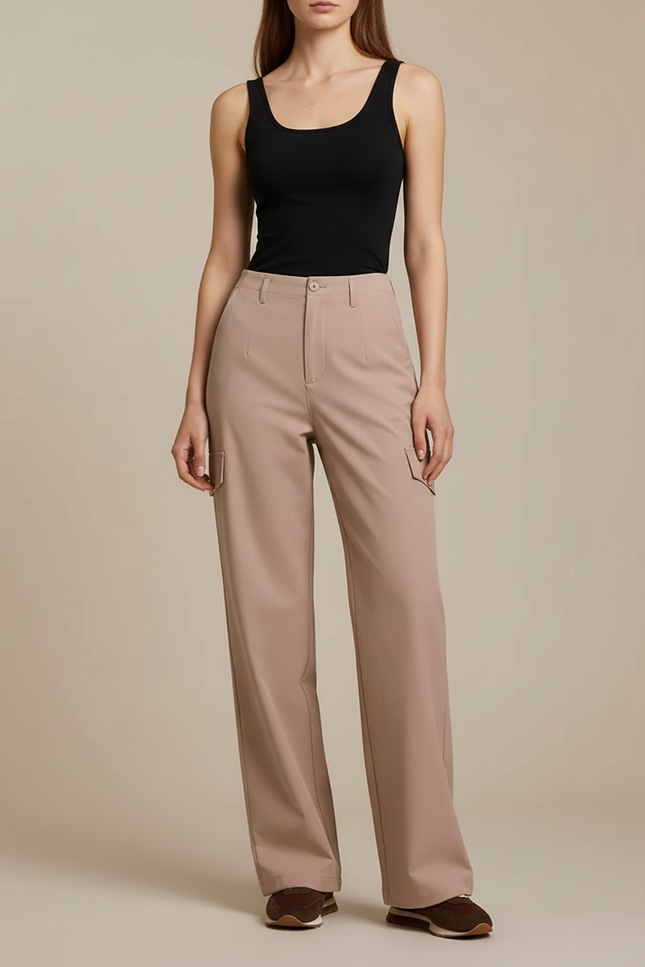 Pantalon Cargo Rose Ample Taille Haute Confortable Femme - Polyester