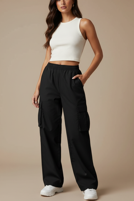 Pantalon Cargo Multipoches Femme - Noir Polyester