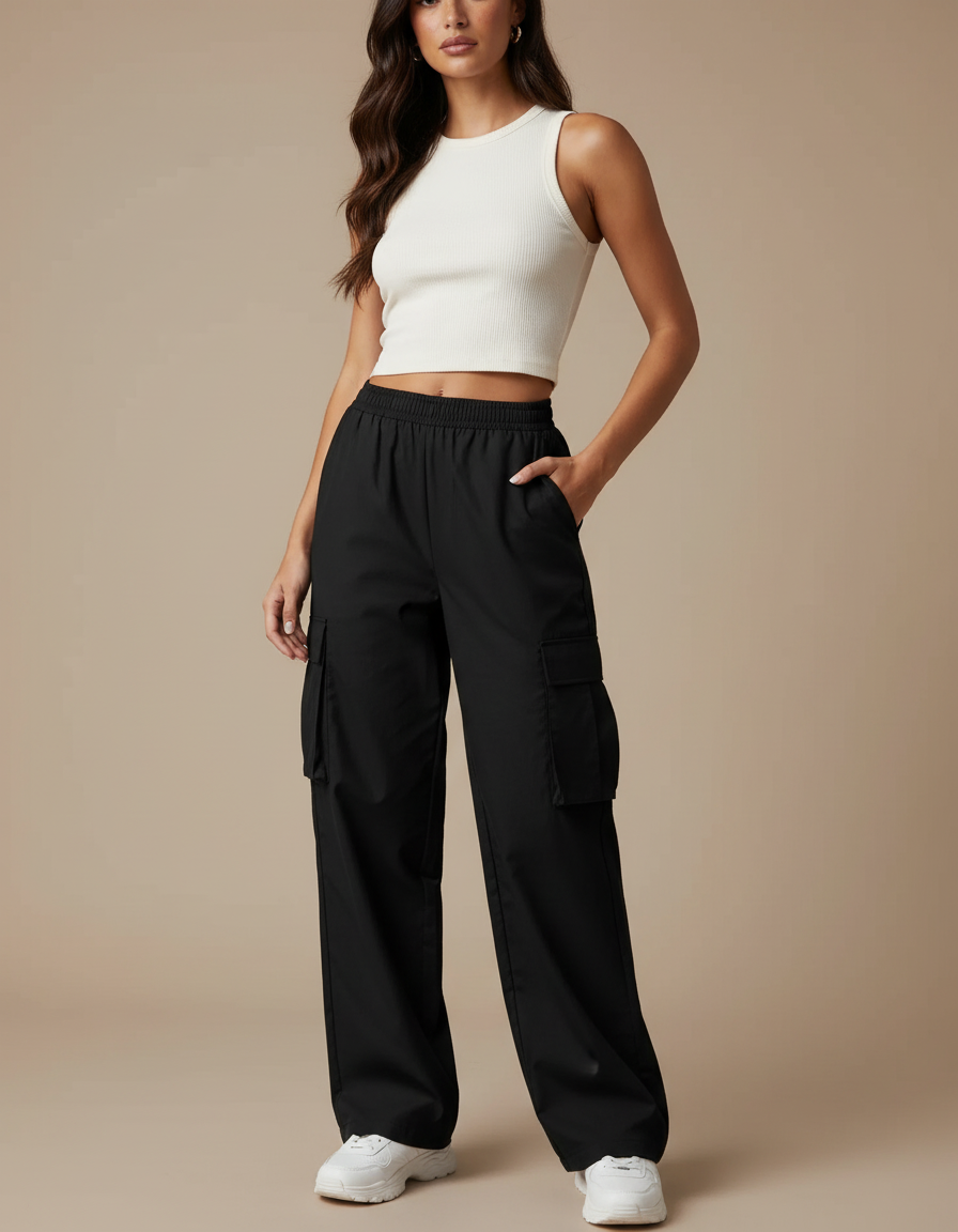 Pantalon Cargo Multipoches Femme - Noir Polyester