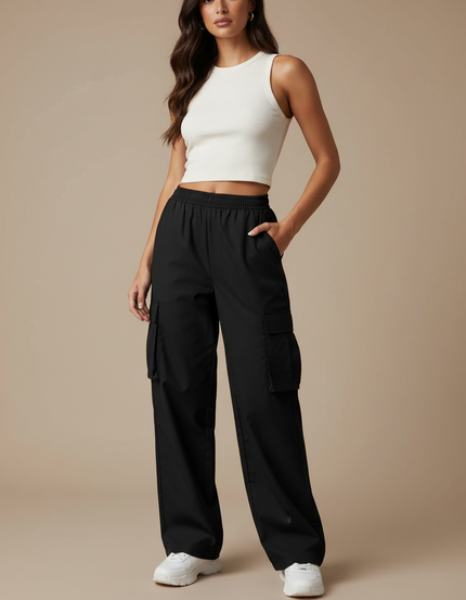 Pantalon Cargo Multipoches Femme - Noir Polyester