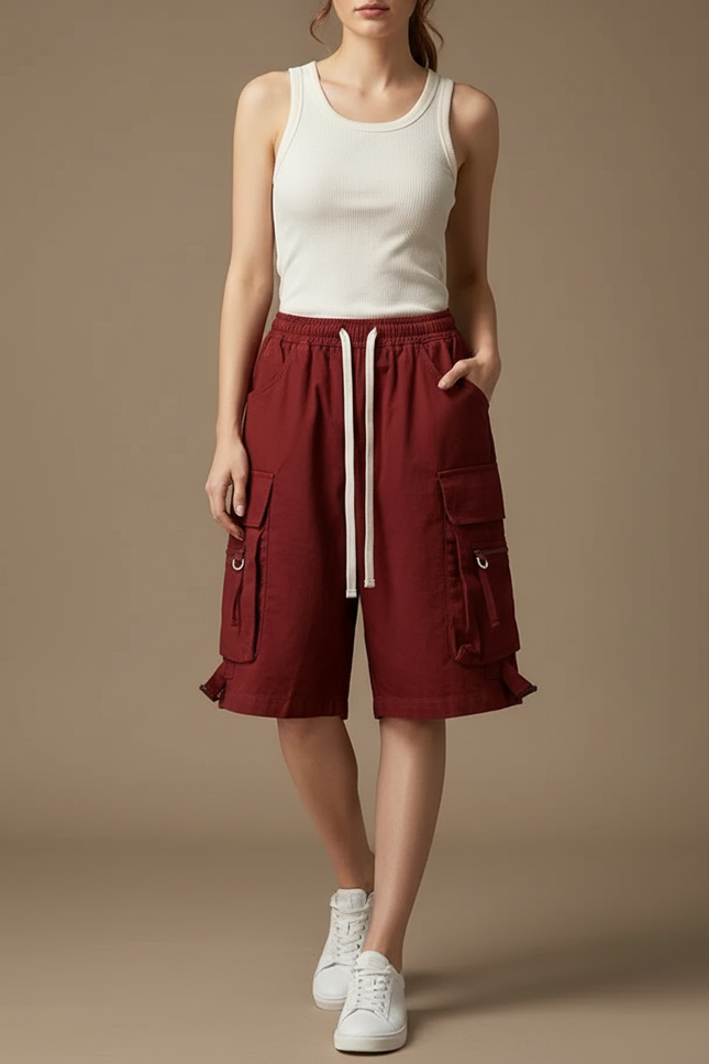 Pantalon Cargo Rouge Ample Multipoches Cordon Femme - Bordeaux Toile