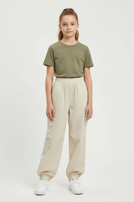 Pantalon Cargo Beige Ample Fille Coton Décontracté