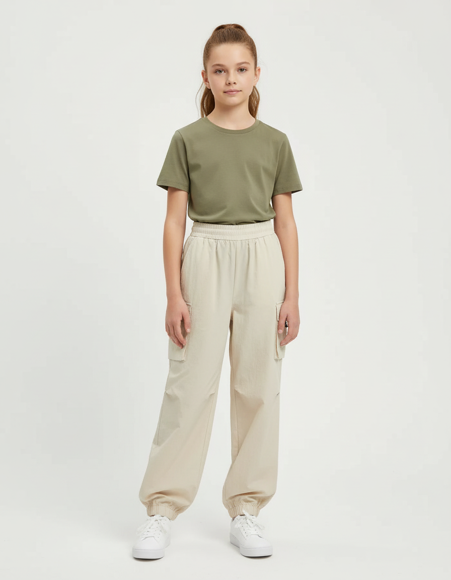 Pantalon Cargo Beige Ample Fille Coton Décontracté